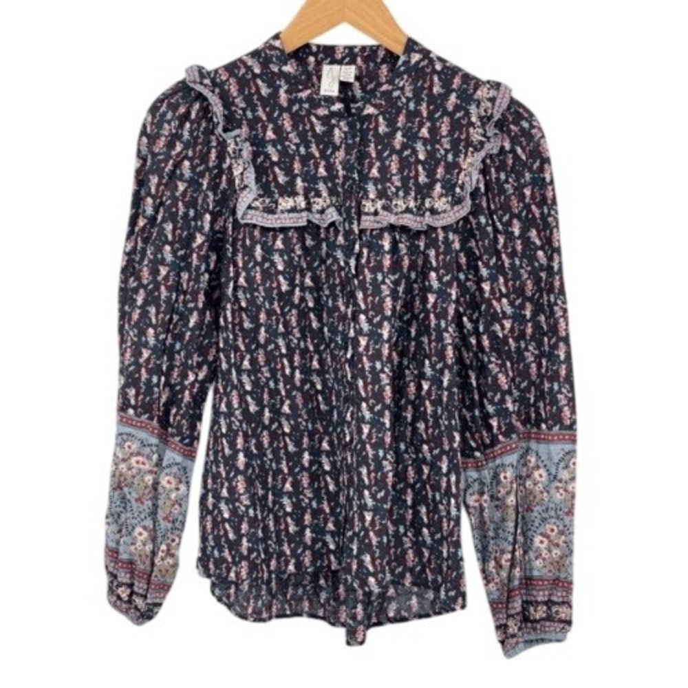 Joie Top Blouse Women Size Small Blue Red Floral Print Long Sleeve Ruffle Boho